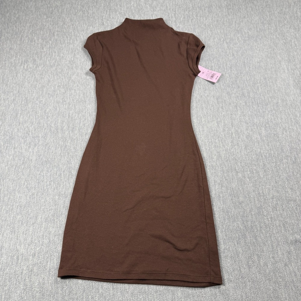 Wild Fable Dress Women XS Brown Mock Neck Short Sleeve Bodycon‎ Mini Sheath NWT